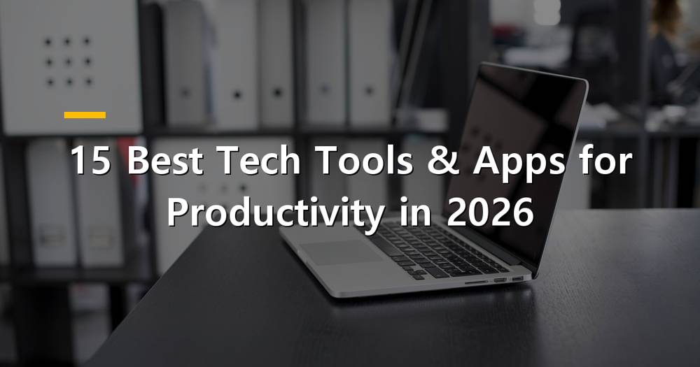 A person using various tech tools and apps on a laptop, tablet, and smartphone for productivity in 2026.