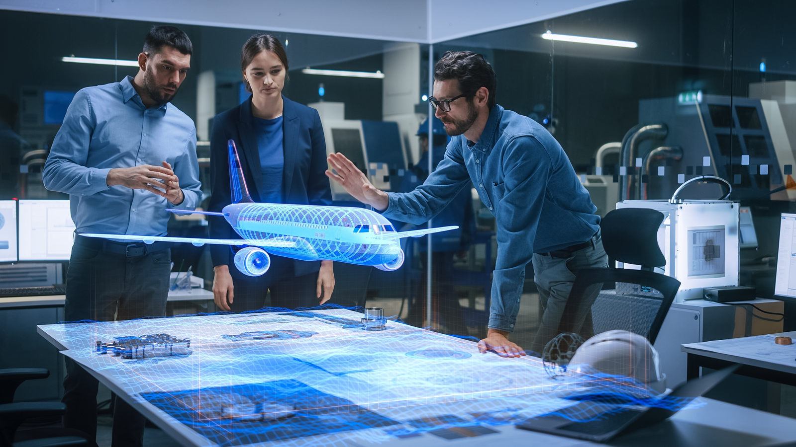 Profesionales del sector aeroespacial revisando el diseño digital de una aeronave