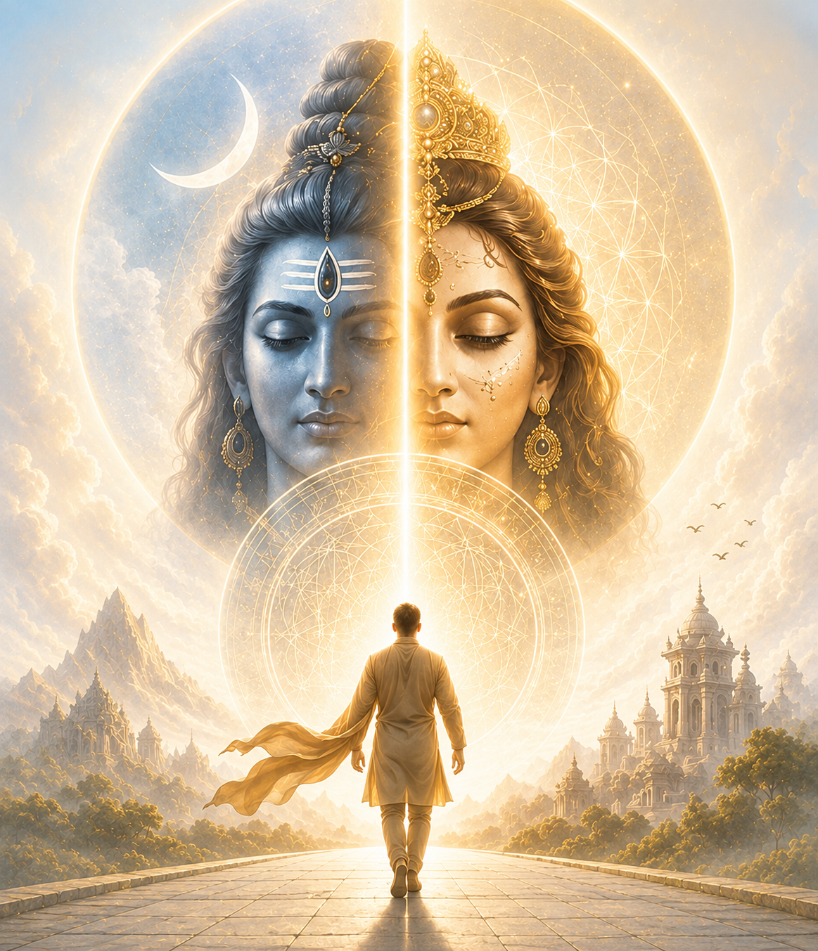 Shiva and Shakti over a seeker walking towards the temples