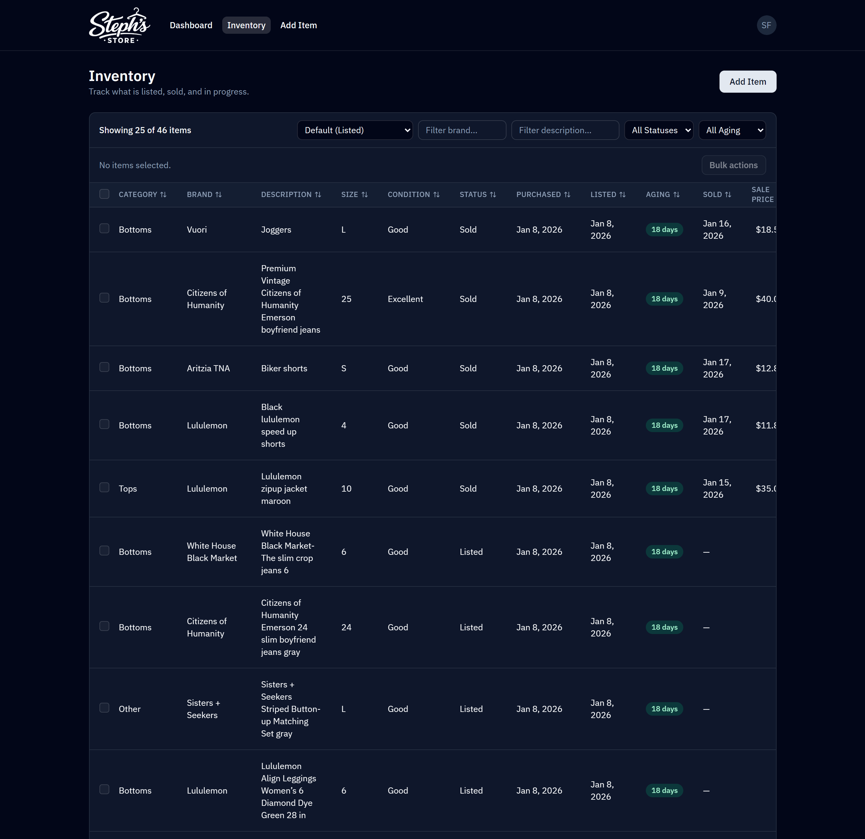 Inventory table with filters