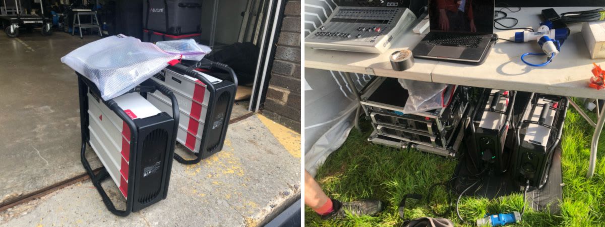 Two images side by side showing the batteries. The left image shows the batteries by themselves, while the right image shows the batters in action, under a table with a mixing desk, laptop and other equipment.