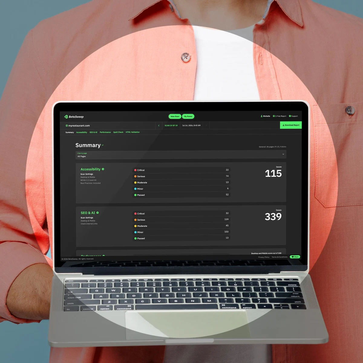 person holding a laptop that's showing BetaSweep's summary of a fullsite scan