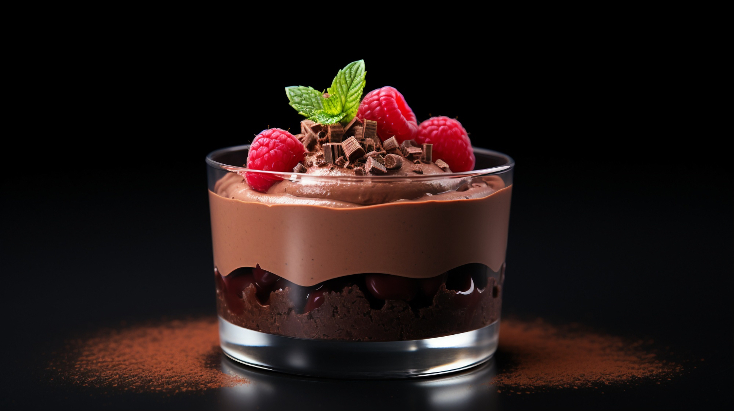 Glass of chocolate mousse topped with whipped cream