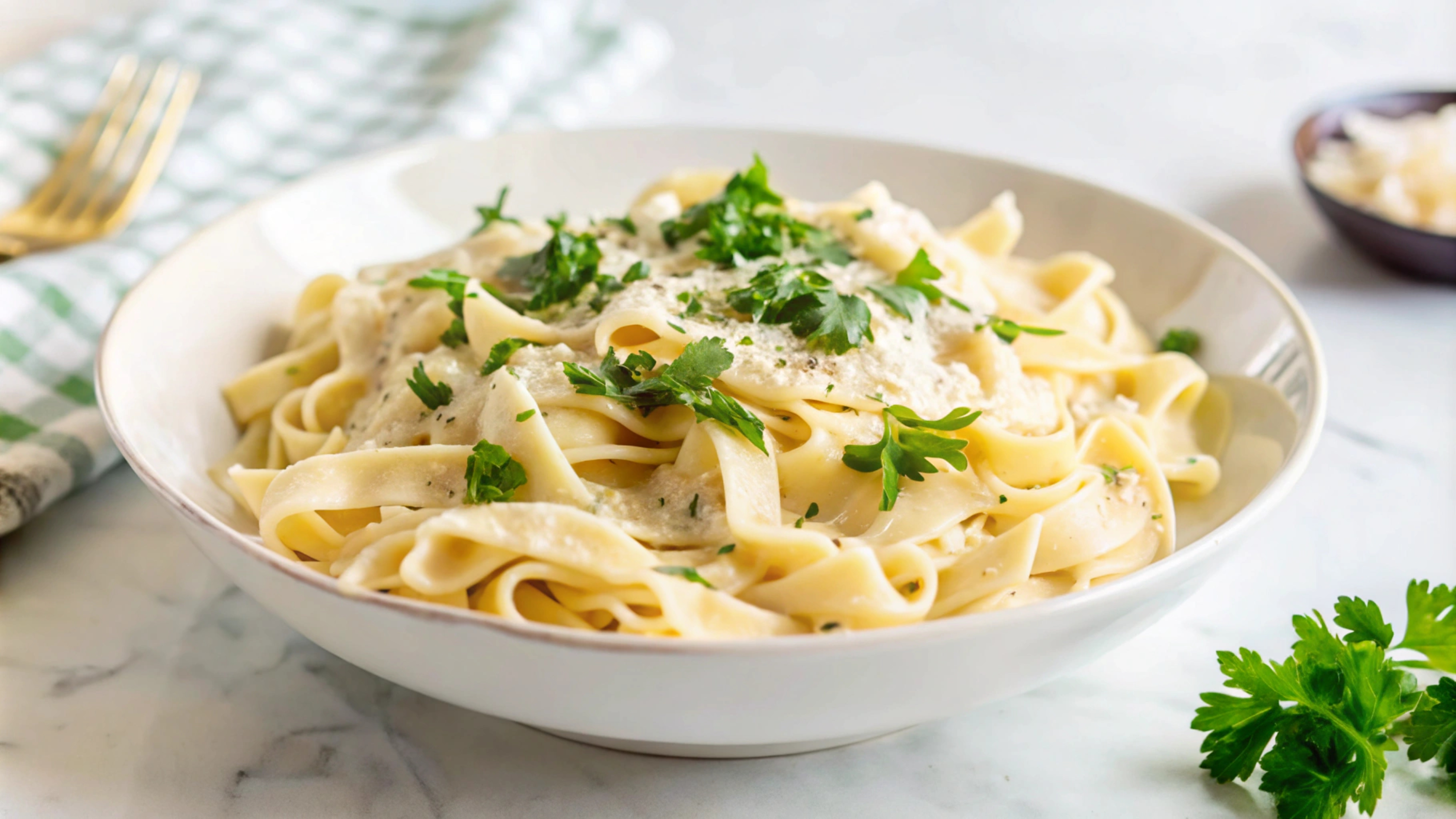Creamy fettuccine alfredo in a bowl