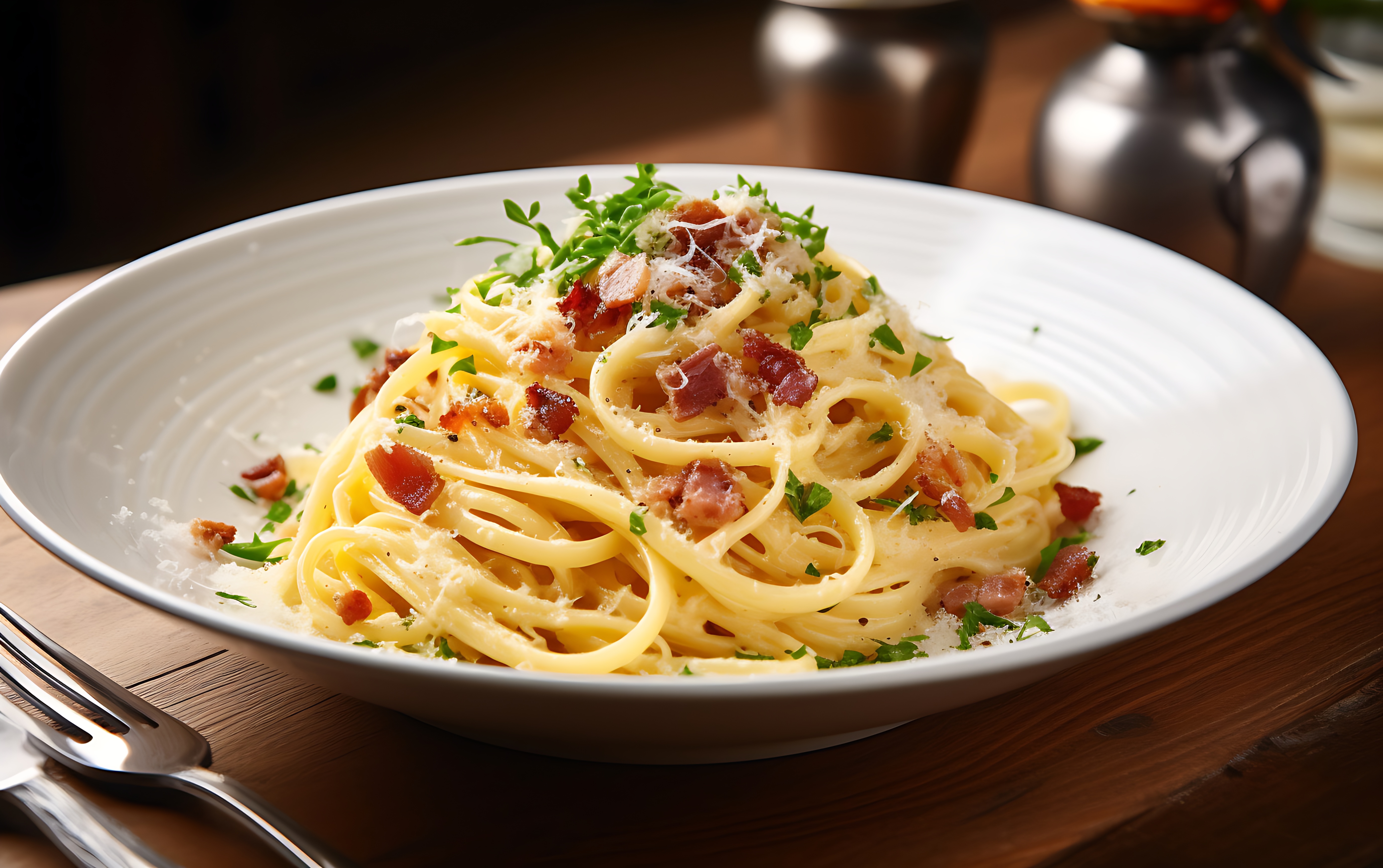Creamy pasta carbonara with bacon
