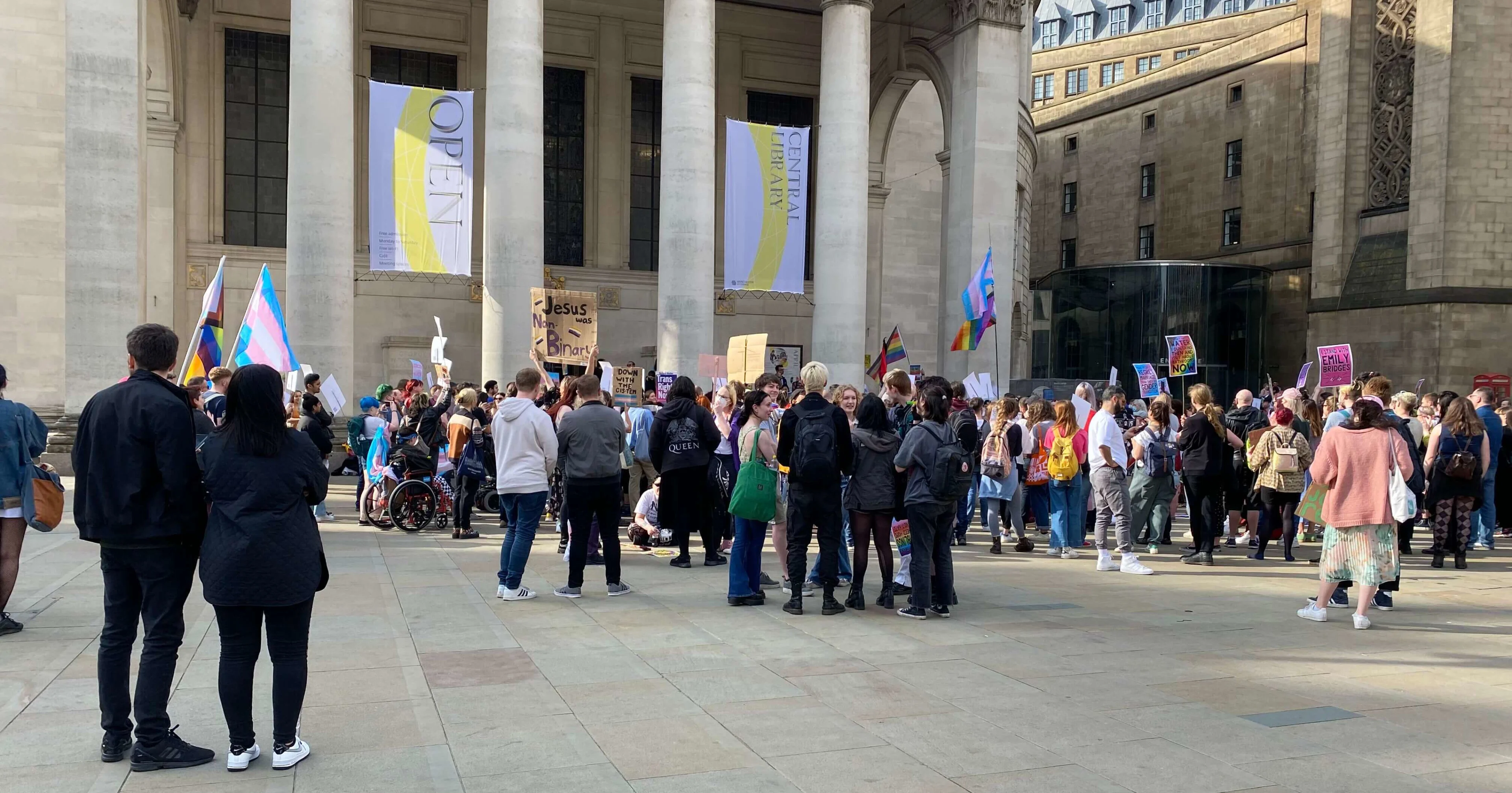 A trans rights protest outside the Manchester Central Library