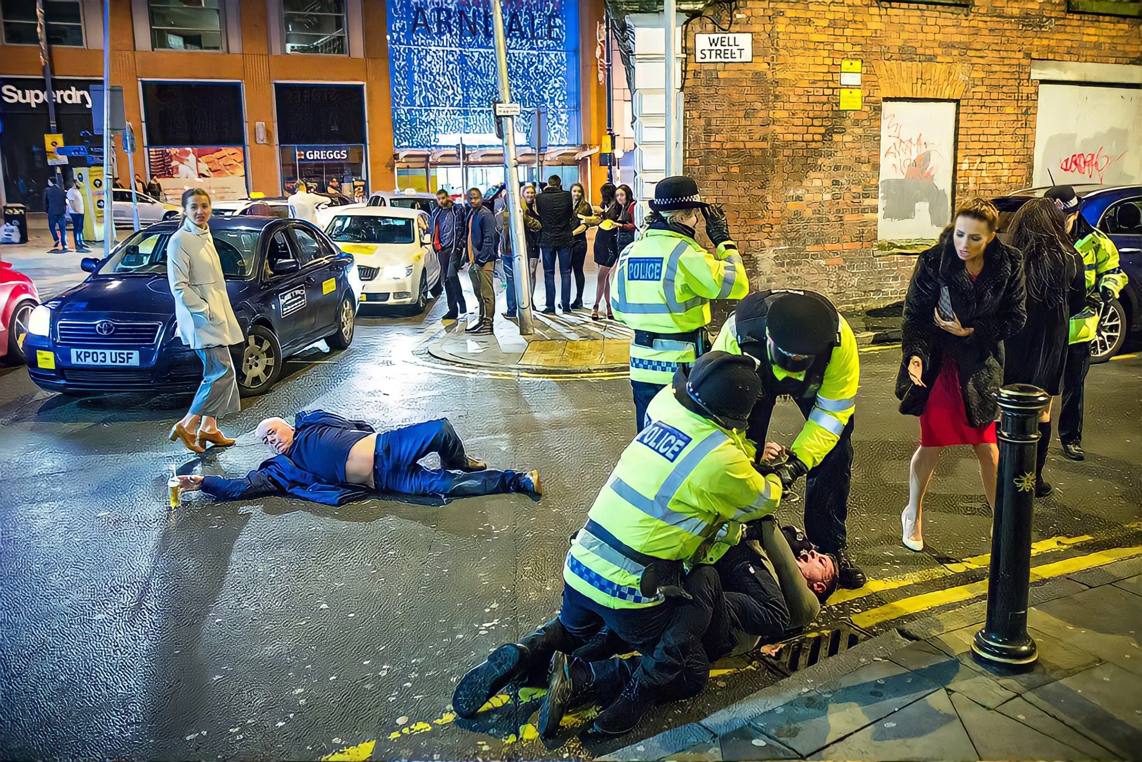 A chaotic scene of drinking culture in Manchester during New Years Eve 2016.