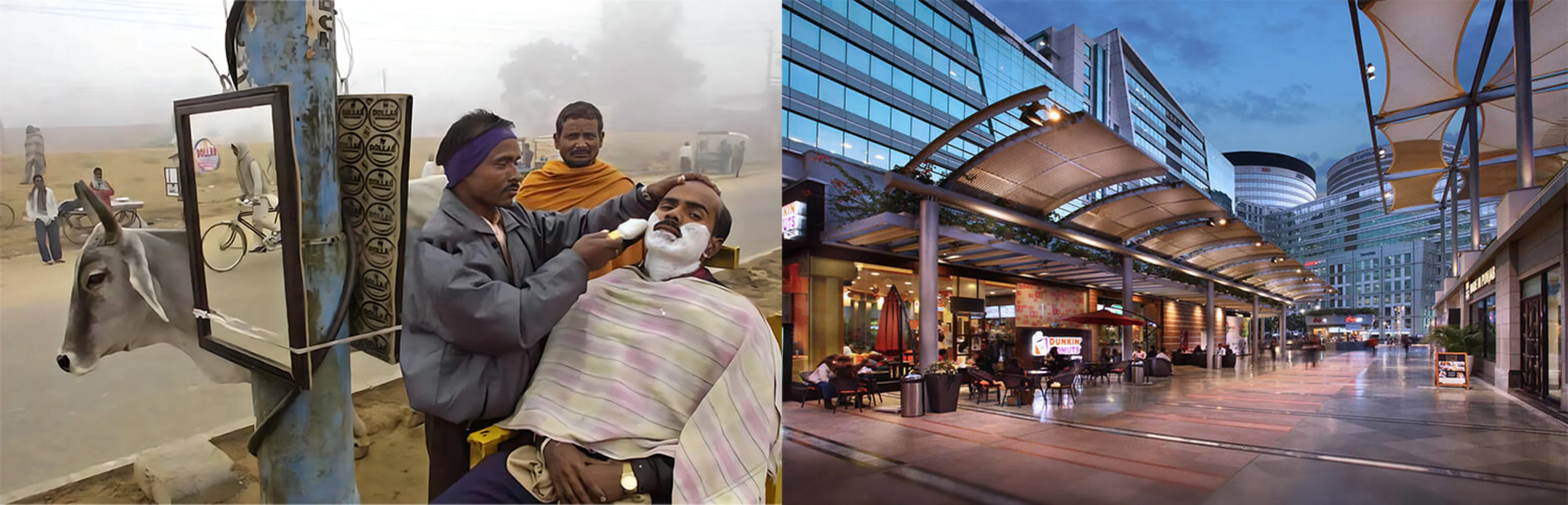 A picture depicting the transformation of Gurugram over the past two decades. The picture on the left shows a man getting a street shave in a desolate field in 2002, while the one on the right shows Gurugram, now known as a financial and technology hub in 2022.