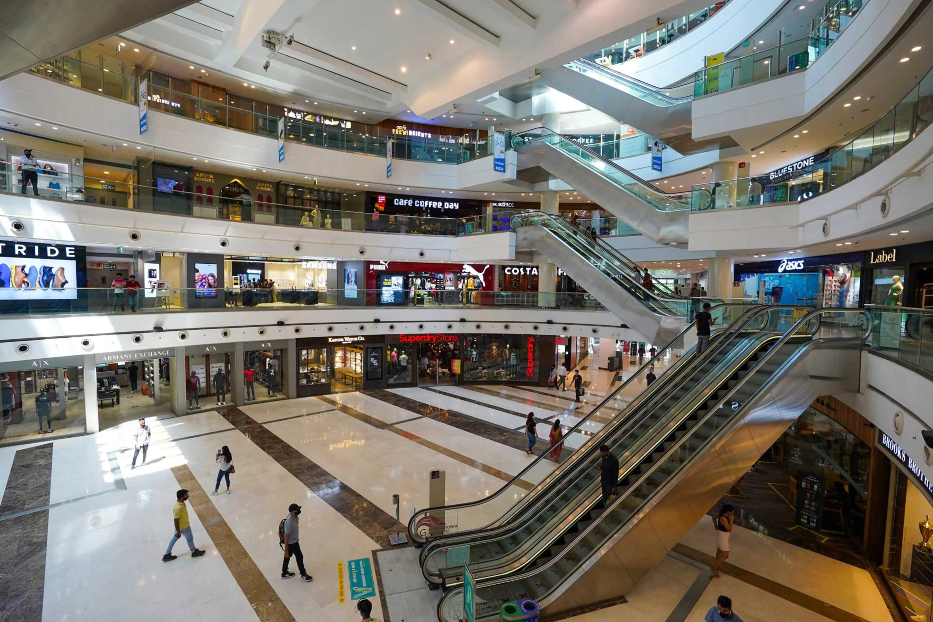 The DLF Mall of India in Noida. Costa Coffee, Starbucks, Puma, Superdry, and Armani Exchange are just a few of the shops we're familar with.