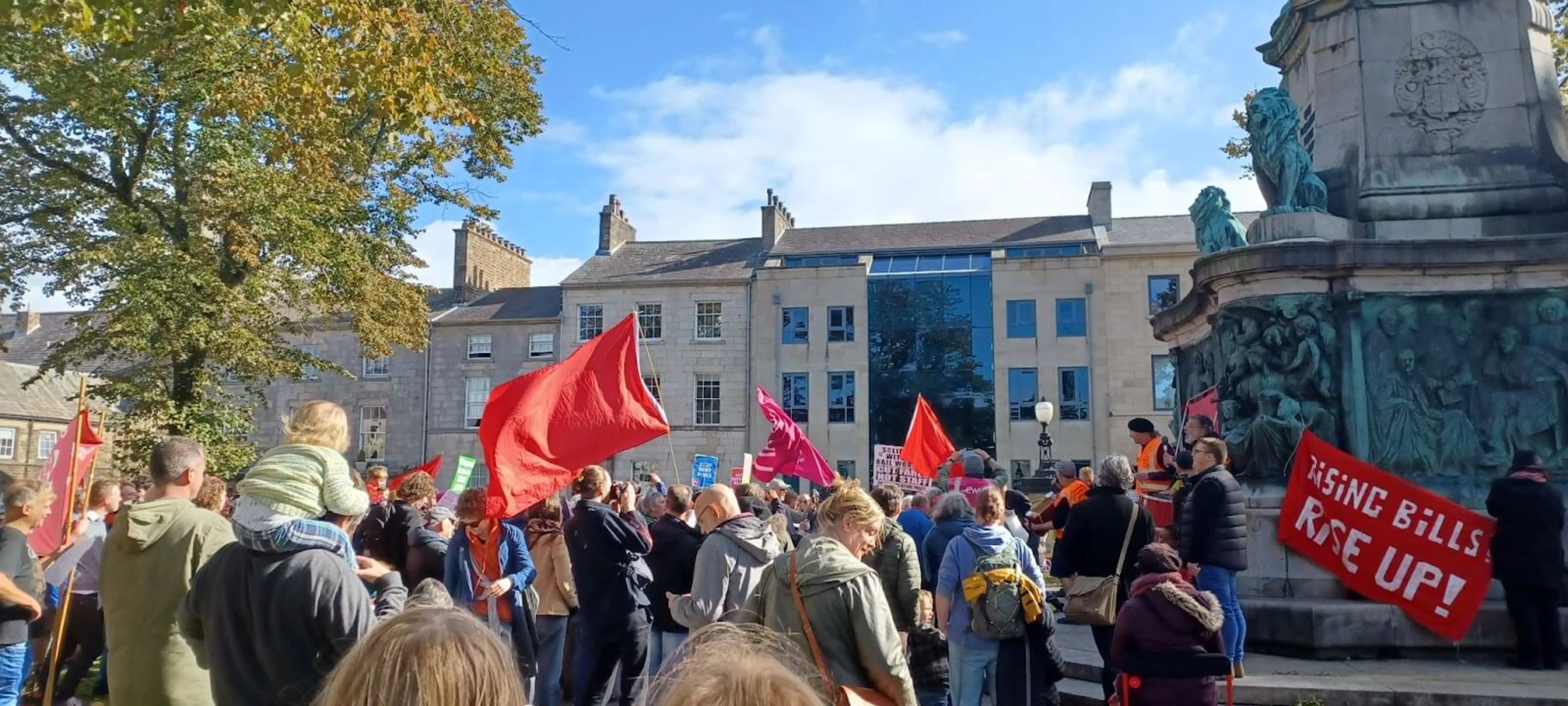 A joint cost of living and support strikes demonstration at The Queen Victoria Memorial in Dalton Square, Lancaster.