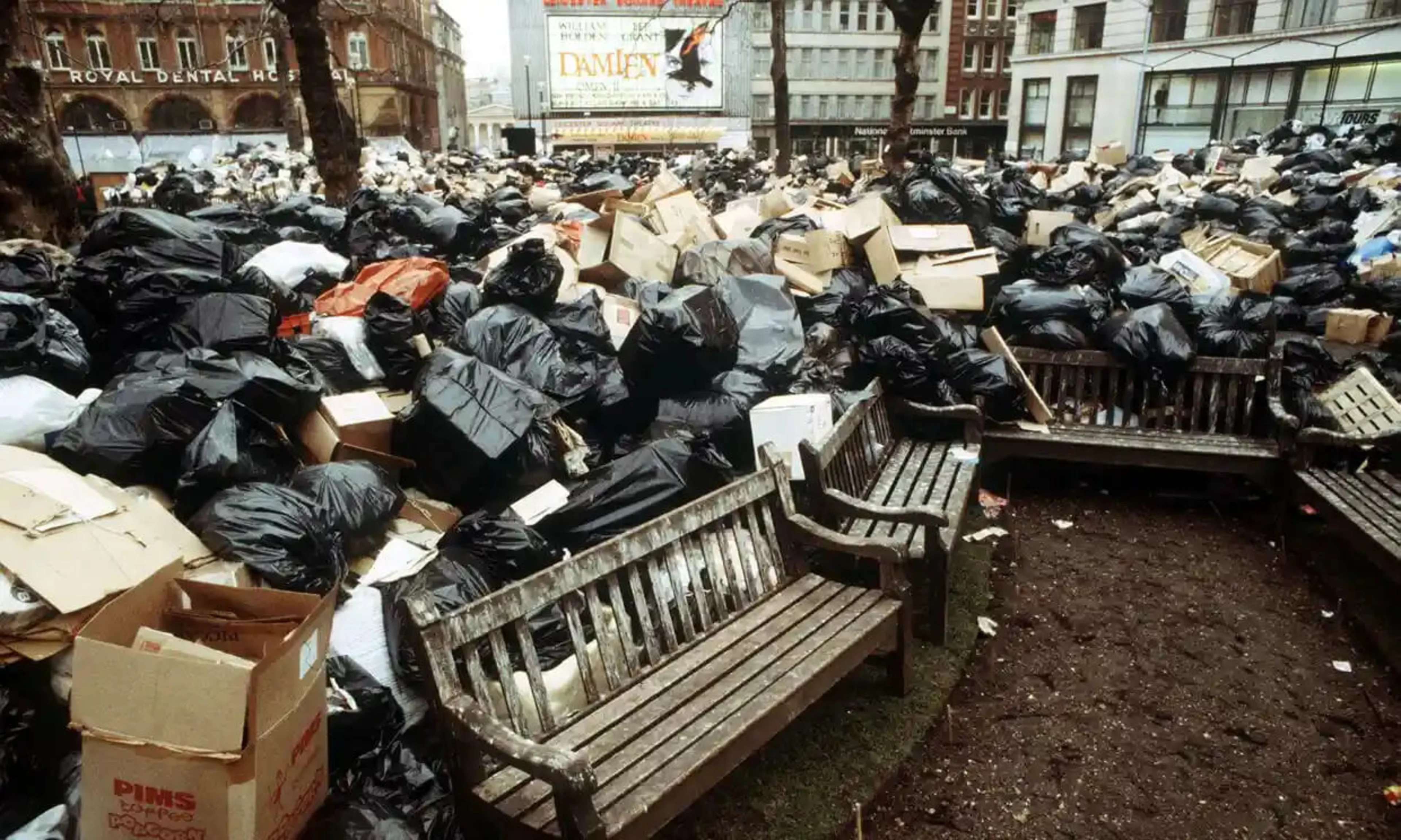 Leicester Square in London filled with rubbish.