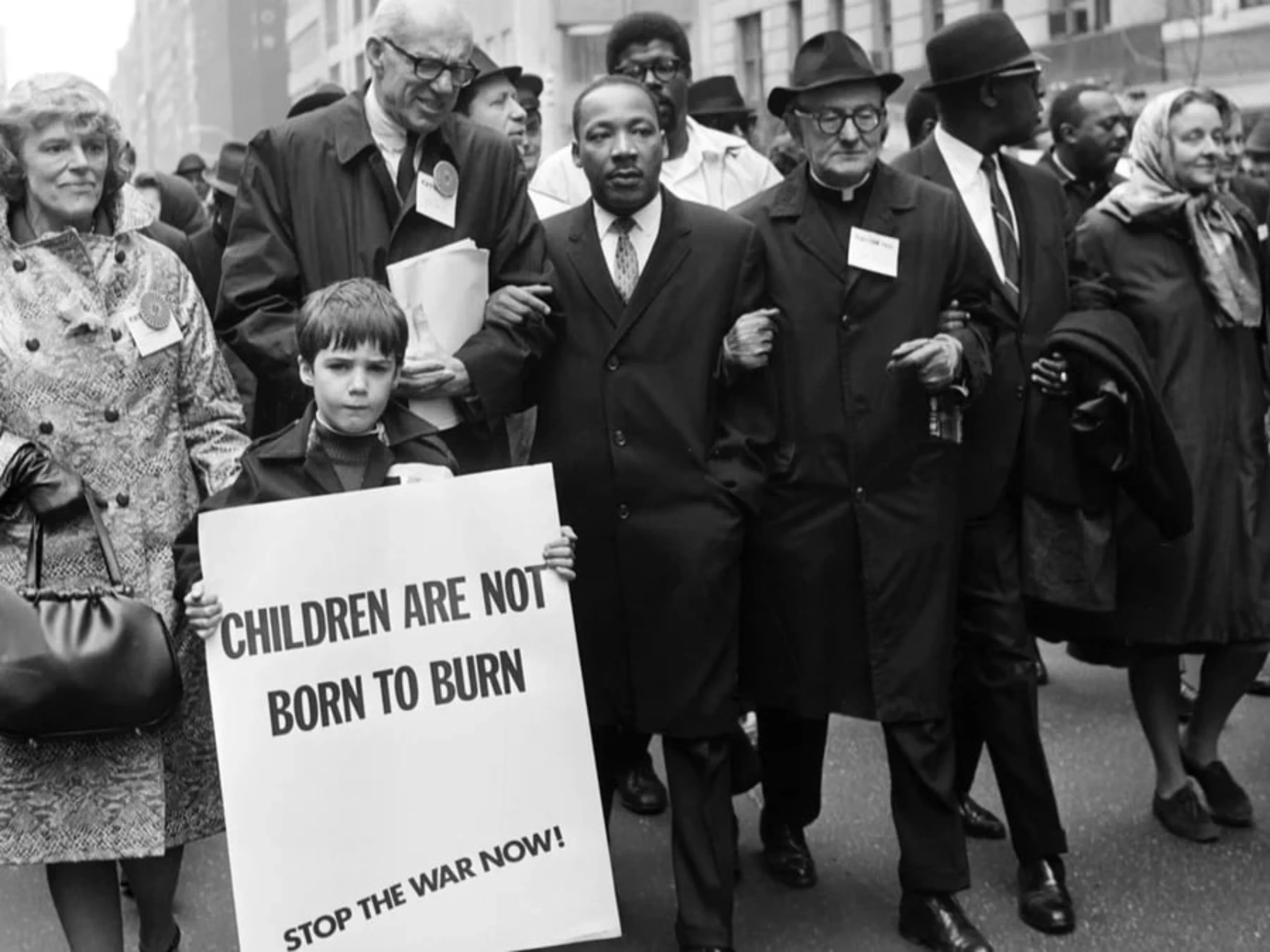 Martin Luther King Jr. leads a pacifist rally in New York, protesting U.S. involvement in the Vietnam war