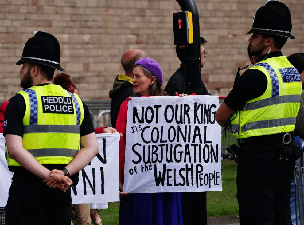 Protestors gather in Cardiff, Wales, ahead if King Charles III's visit.