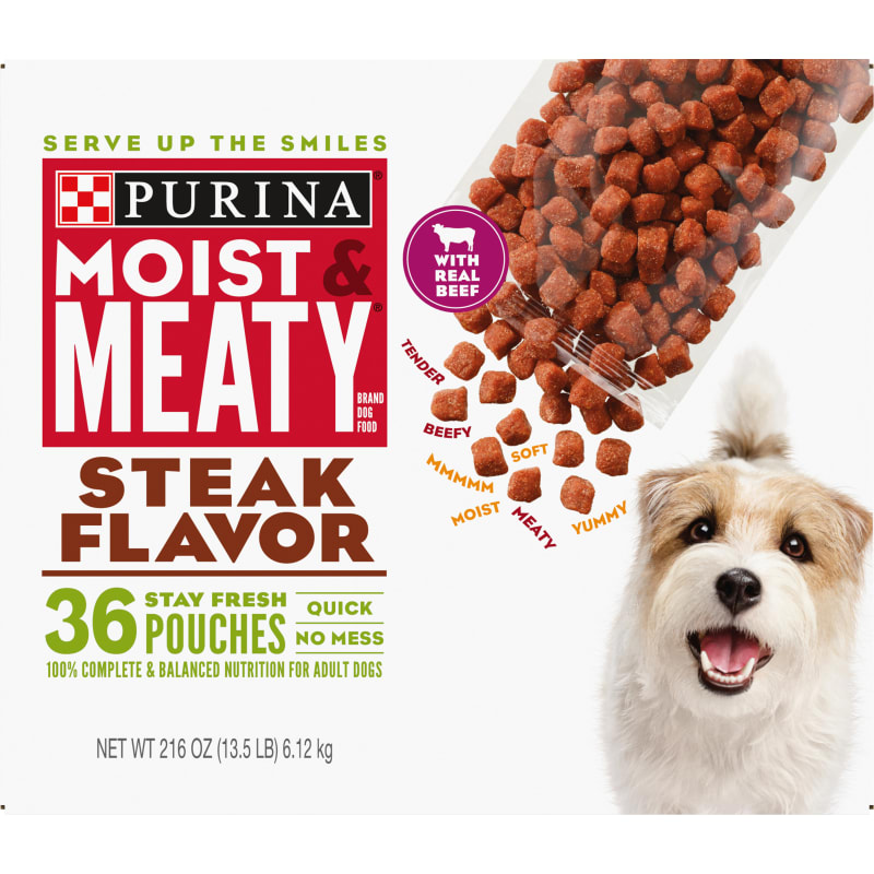 Steak Flavor Soft Dog Food Pouches 36 Pk by Purina Moist Meaty