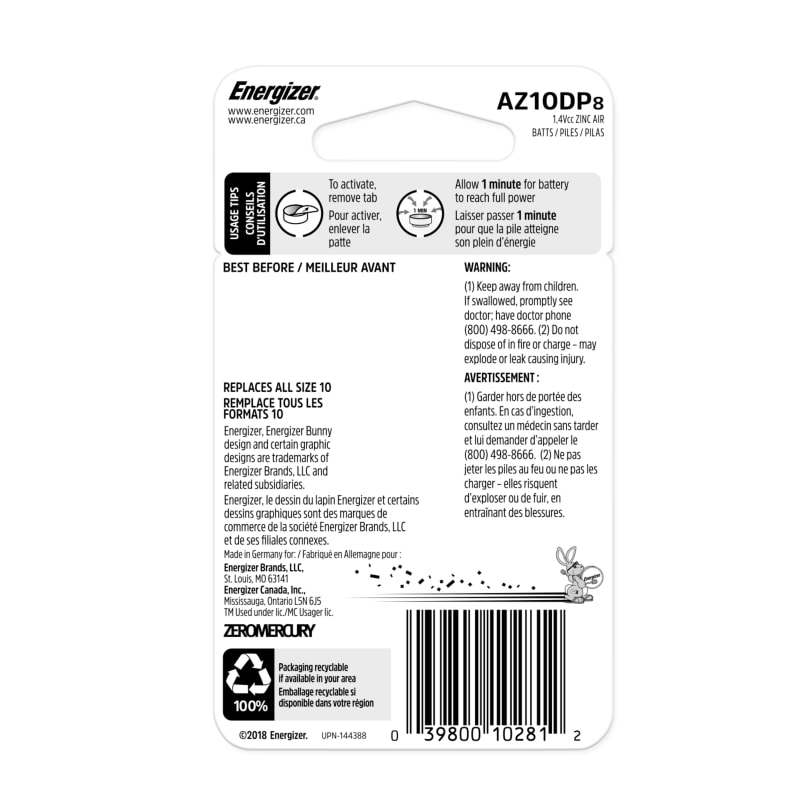 Energizer Hearing Aid Batteries Size 10 Yellow Tab - 8 Pk by ...