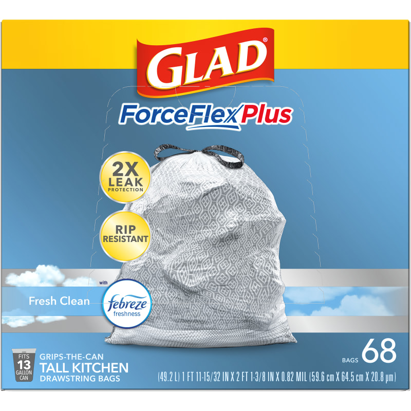 Glad OdorShield Tall Kitchen Drawstring Bag, Plastic - 13 gallon