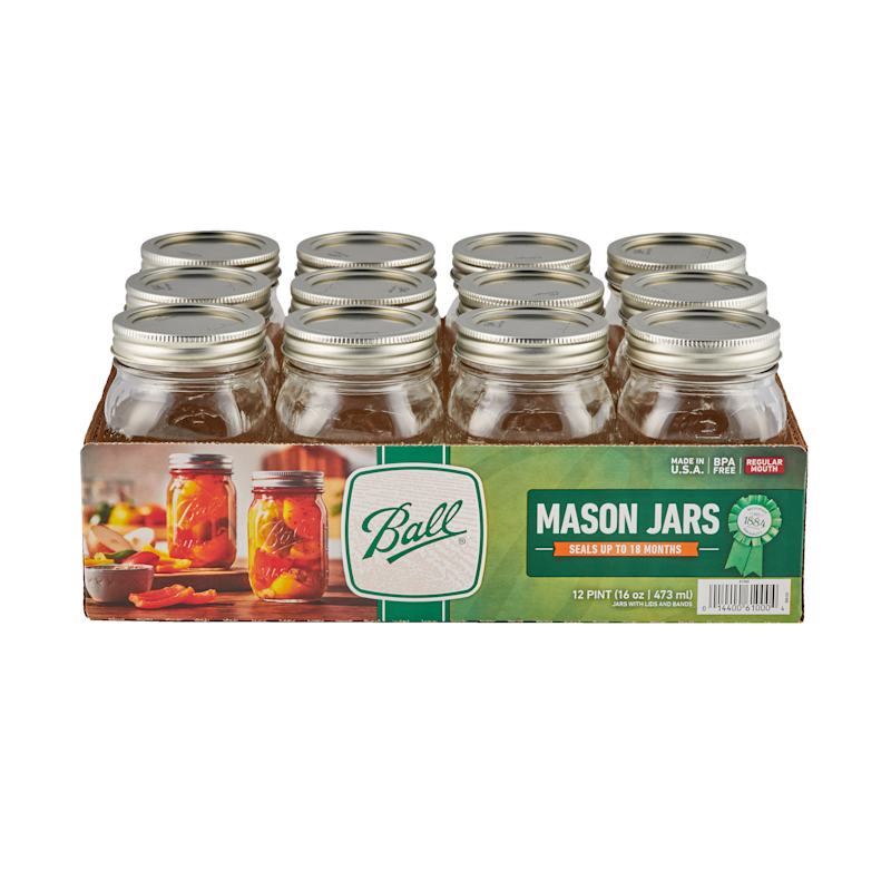 Ball 61000 Regular Mouth Mason Jars, 1 Pint (16 Oz), Box Of 12