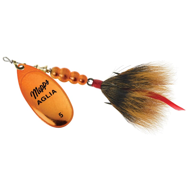 Aglia Chartreuse Orange Platinum/Brown Dressed Treble Hook Spinner by Mepps  at Fleet Farm