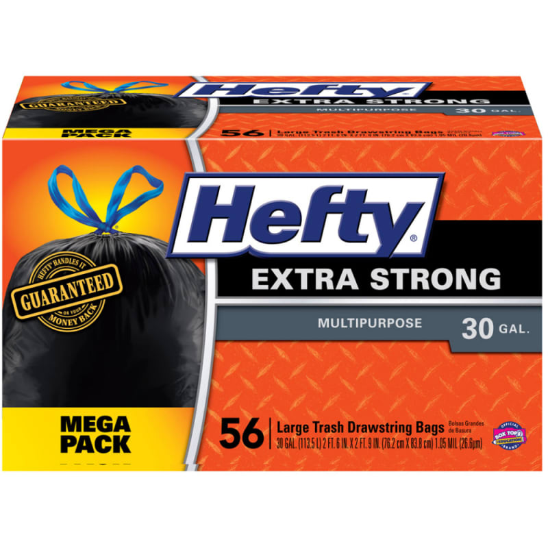 Hefty Trash Bags, Extra Strong, Drawstring, Multipurpose, Large, 30 Gallon, Mega Pack - 56 bags