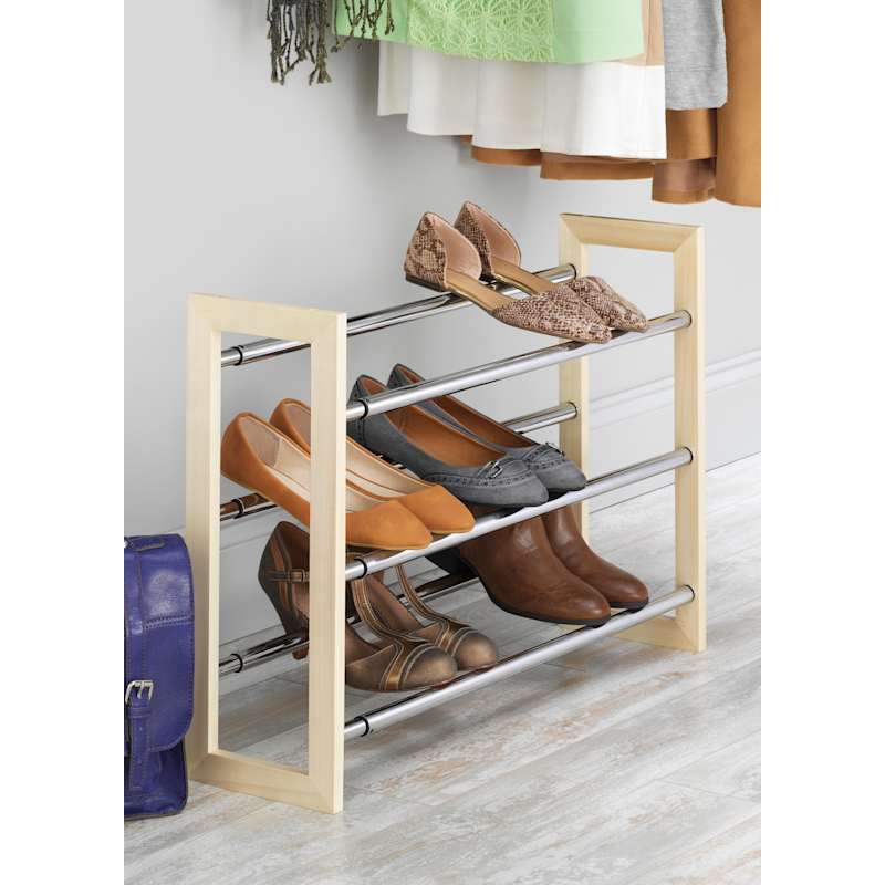 4-Shelf Closet Shoe Rack with Natural Wood Frame and Chrome Wire Shelves