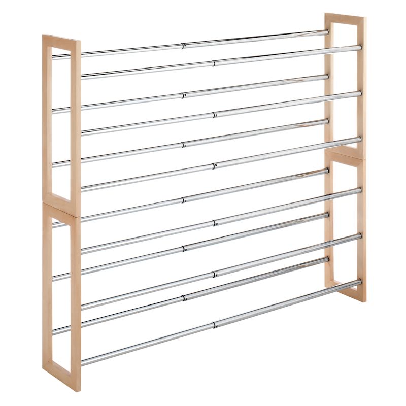 4-Shelf Closet Shoe Rack with Natural Wood Frame and Chrome Wire Shelves