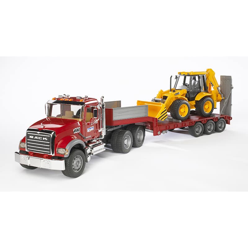 Mack Granite Truck w/ Low Loader & JCB Backhoe Loader by bruder at