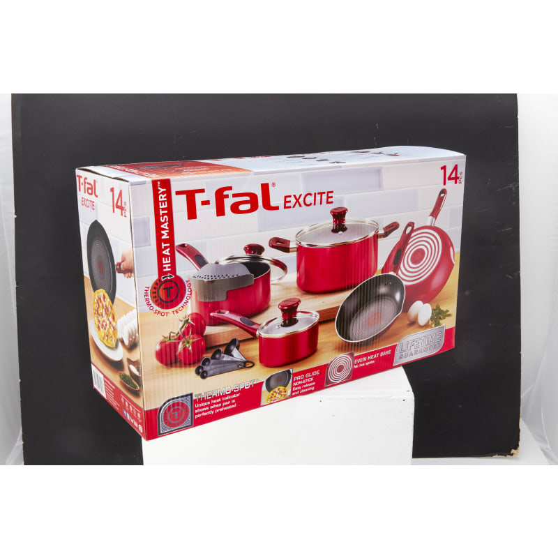 T-fal Excite Nonstick Cookware Set 14 Piece Oven Safe 350F Pots and Pans,  Dishwasher Safe Red