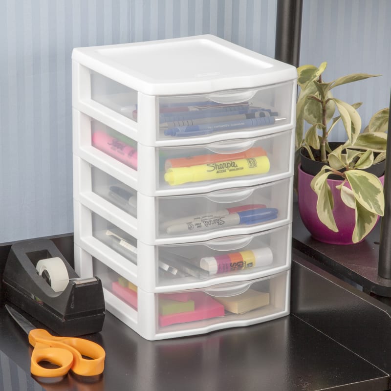 Sterilite Clearview Small Plastic 5 Drawer Desktop Storage System, White, 4 Pack