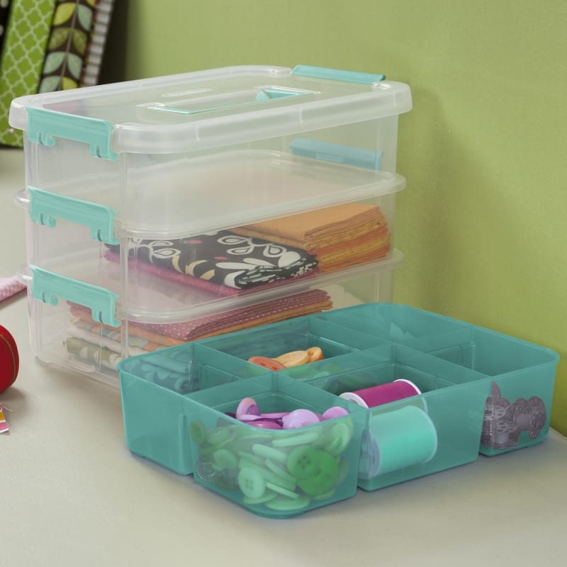 JUXYES 3-Tiers Stack Carry Storage Box With Divided Tray, Transparent  Stackable Storage Bin With Handle Lid Latching Storage Container for School  