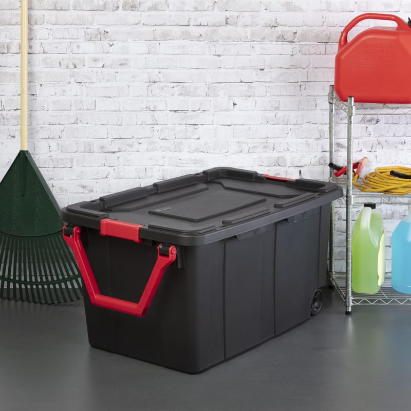 40 gal Black/Red Wheeled Storage Tote w/ Pull Handle by Sterilite