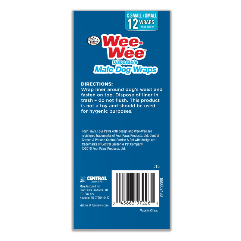 Wee Wee X Small Small Disposable Male Dog Wraps 12 Pk by Four