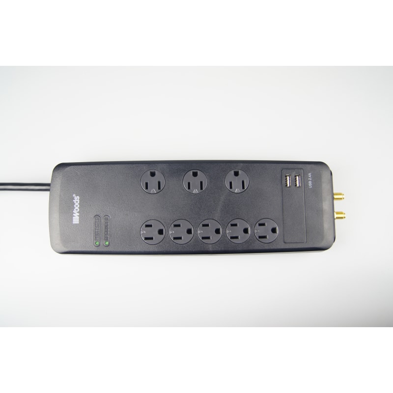 Black 8-Outlet 3540 Joules Surge Strip w/ 2 USB Ports (Type A) & 6