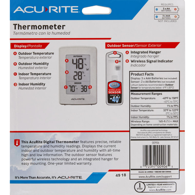 AcuRite Wireless Digital Thermometer for Indoor and Outdoor