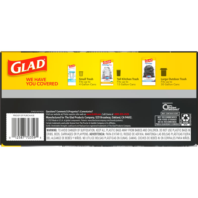 Glad 70359 Trash Bag, 30 gal, Black