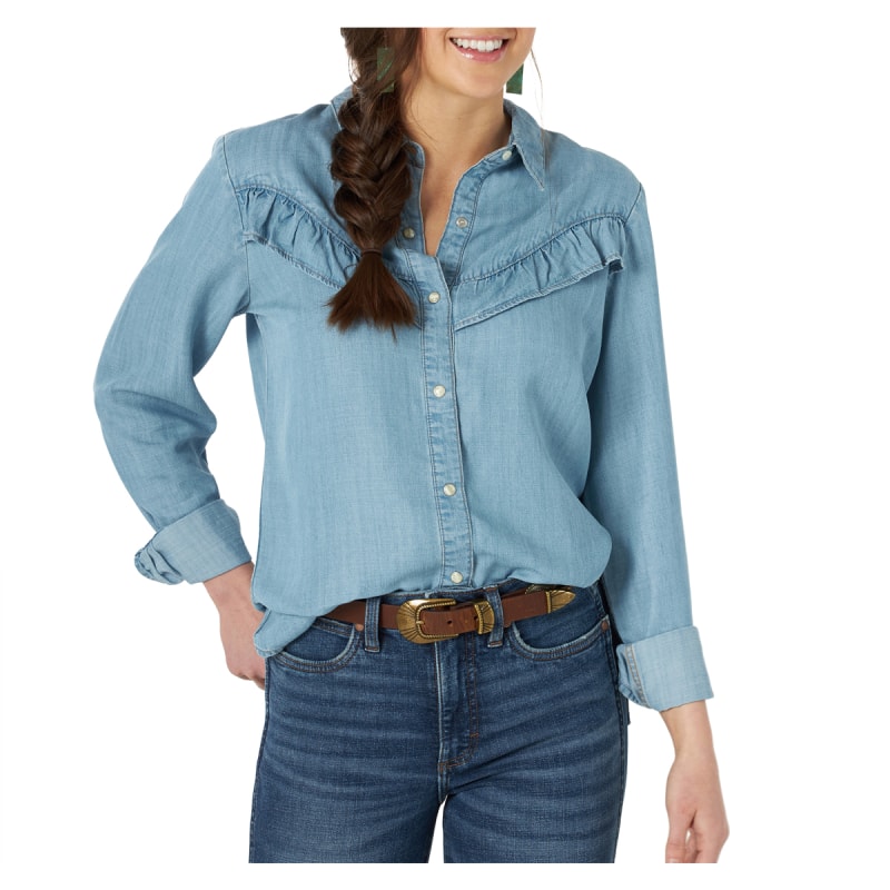 Wrangler Women's Western Chambray Snap Front Long Sleeve Ruffle Shirt by  Wrangler at Fleet Farm