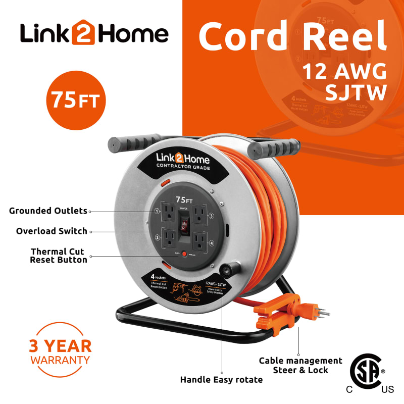  CRAFTSMAN 100 Ft. Retractable Extension Cord Reel With 4  Outlets & Heavy Duty 14AWG SJTW Cable : Everything Else