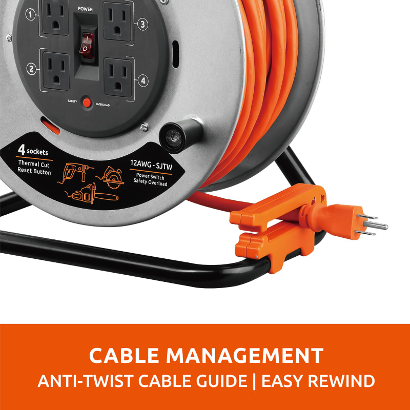 75 ft Contractor Grade Cord Reel 12AWG SJTW w/ 4 Outlets by