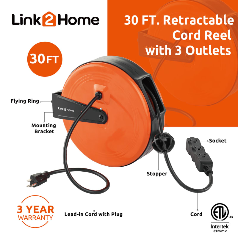 30 ft Retractable Cord Reel 16AWG SJT w/ 3 Outlets by Link2Home at