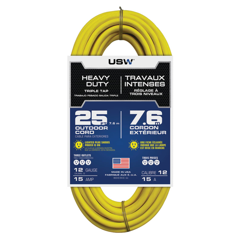 Usw 12/3 25ft Sjtw Yellow Heavy Duty Lighted Plug Extension Cord