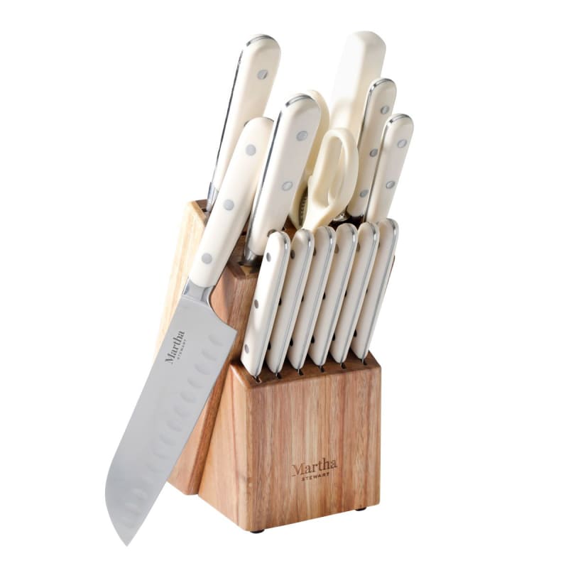 Cream Stainless Steel Cutlery Set w/Acacia Wood Block - 14 Pc by