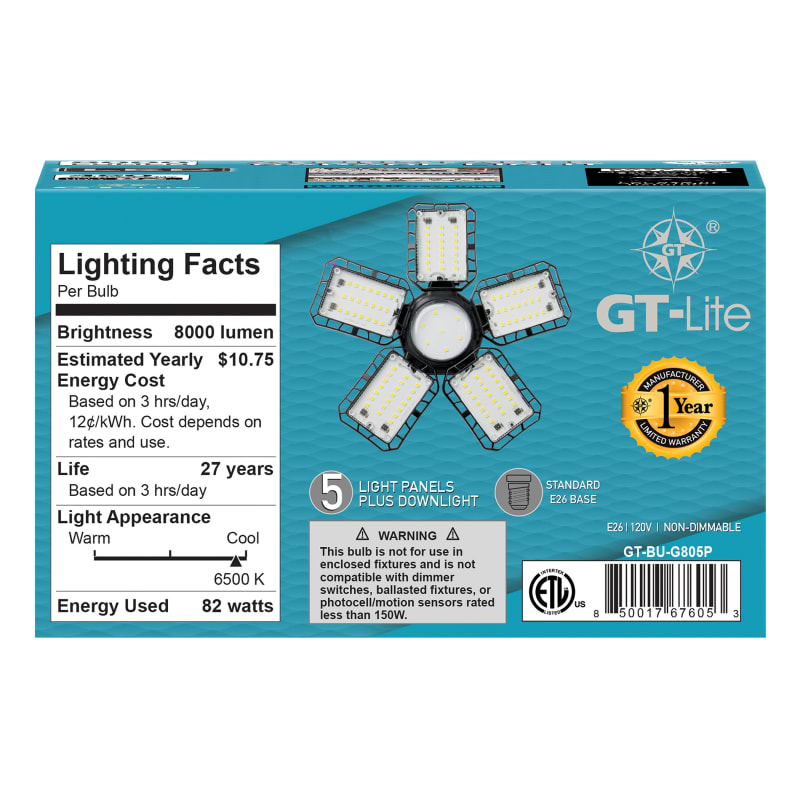 8000 Lumen Adjustable 5-Panel LED Garage Bulb by GT-Lite at Fleet Farm