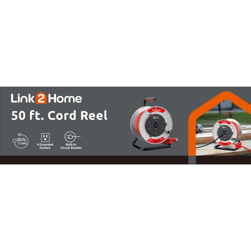 Link2Home HEAVY DUTY Professional Grade Metal Cord Reel - High Visibility 50  ft. 12 AWG SJTW Extension Cord with 4 Power Outlets 
