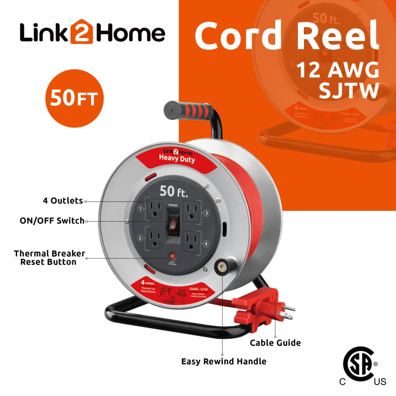 50 ft Contractor Grade 12AWG SJTW Retractable Extension Cord Reel w/ 4  Outlets