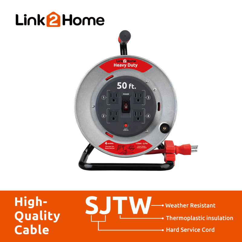 50 ft Contractor Grade 12AWG SJTW Retractable Extension Cord Reel w/ 4  Outlets