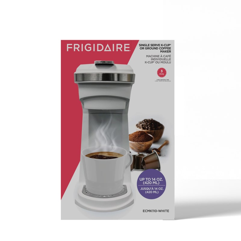 Frigidaire Ecmk110 Stainless Steel 2 in 1 Single Serve K Cup / Ground Coffee Maker, 14oz with Push Button Switch, with Mesh Filter, White