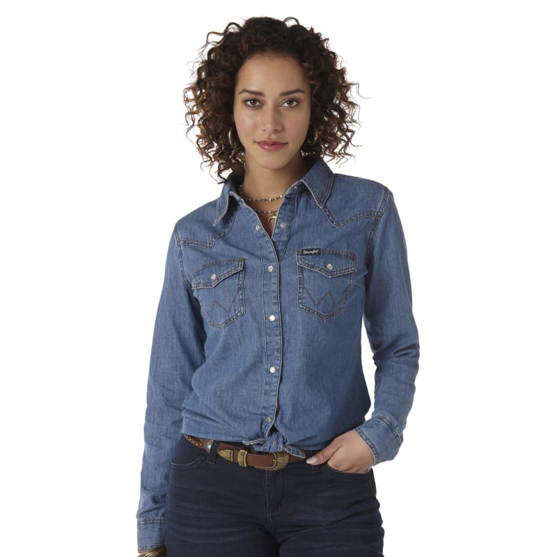 Women s Mid Denim Snap Button Long Sleeve Shirt by Wrangler at Fleet Farm