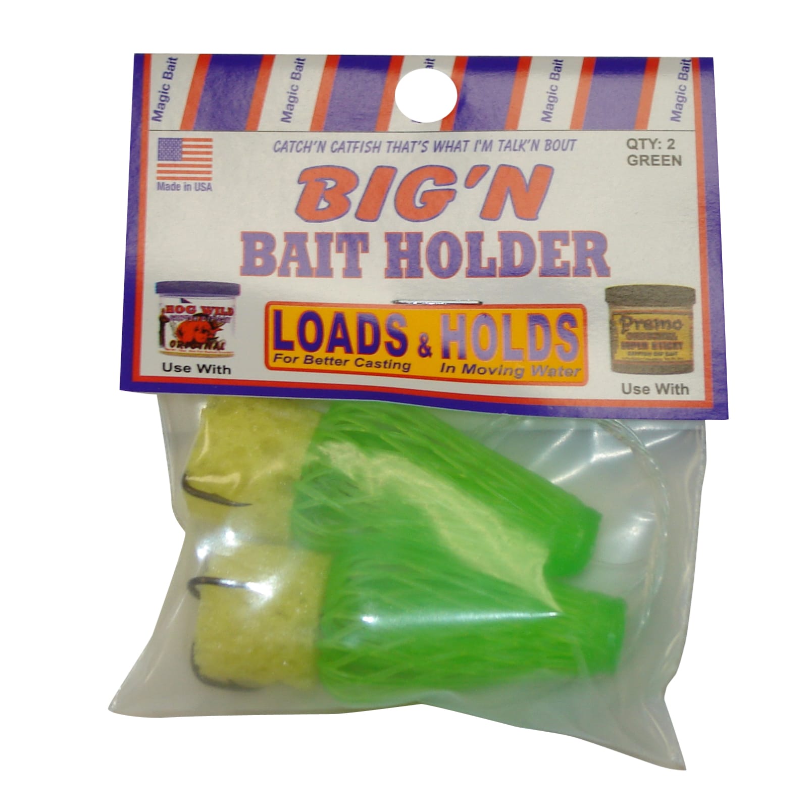 4 Packs of 2 Magic Bait Hog Wild Green Big'N Big N Dip Bait Holder Catfish  Hooks