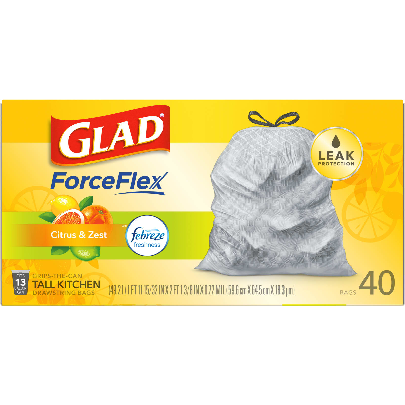 Glad ForceFlex Tall Kitchen Drawstring Trash Bags Citrus & Zest scent with  Febreze Freshness, 13 Gallon