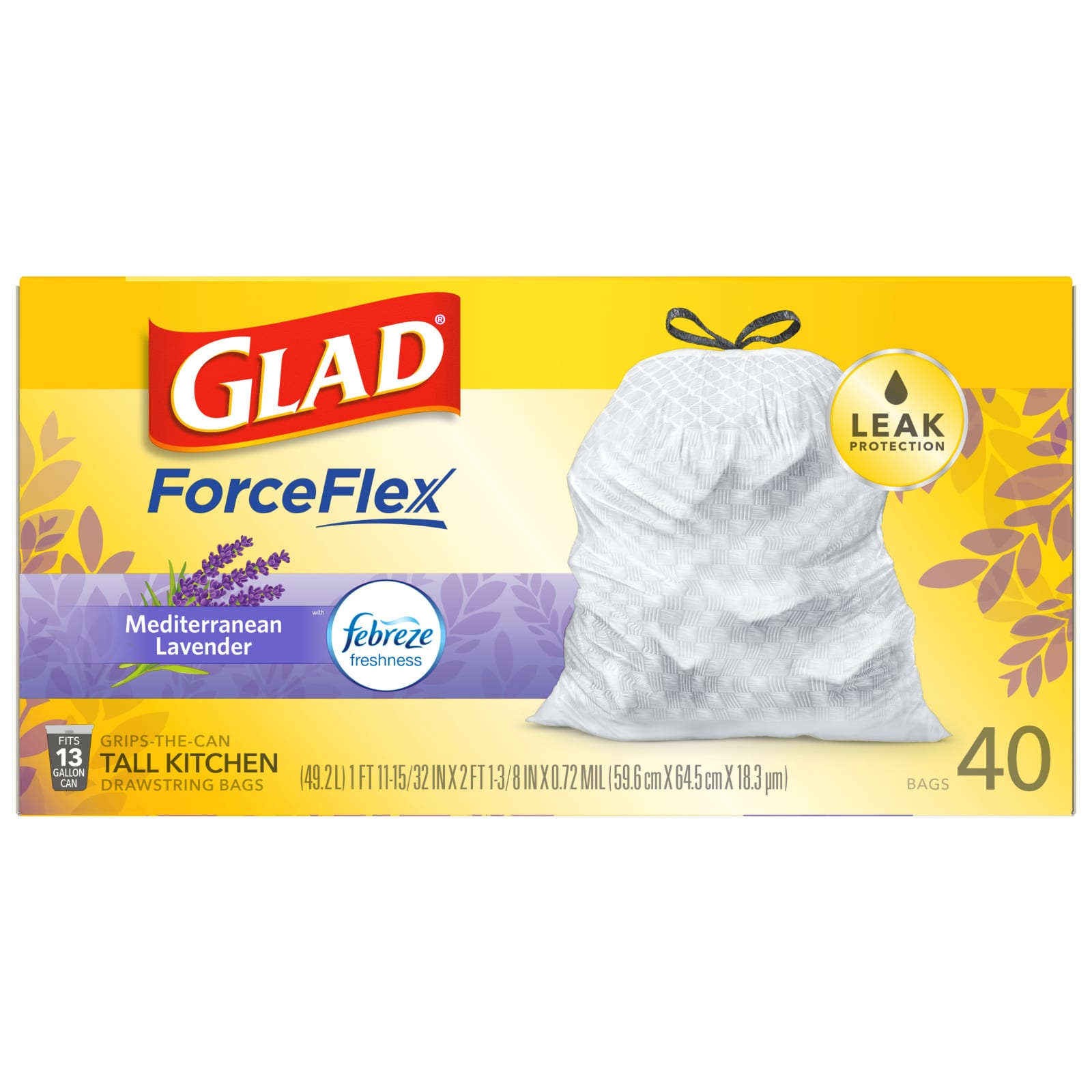 Glad ForceFlexPlus 13 Gallon Tall Kitchen Trash Bags, Gain Lavender with  Febreze, 40 Count 