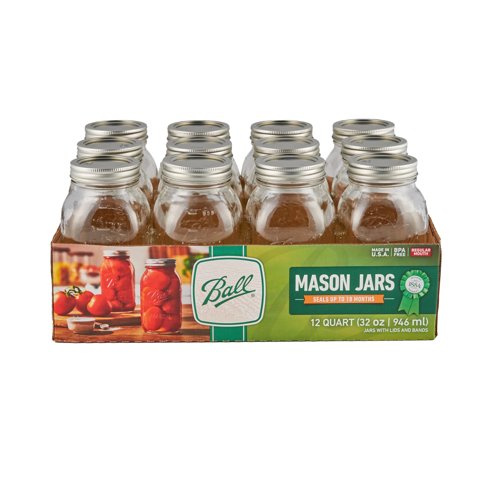 Ball 62000 Regular Mouth Mason Jars, 1 Quart (32 Oz), Box Of 12